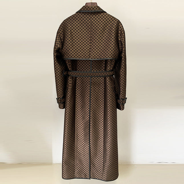 In Stock 2026 Autumn and Winter New European and American Celebrity Fashion Belted Jacquard Maze Pattern Extended Trench Coat