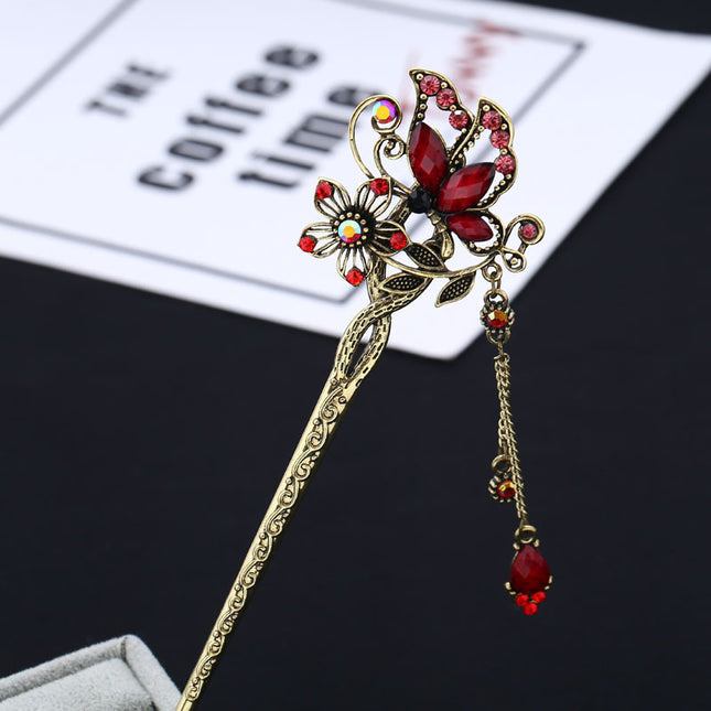 Vintage Floral Hair Accessory with Inlaid Butterfly Hairpin, Palace-Style Hairpin, Hair Ornament Jewelry with Diamond Craftsmanship