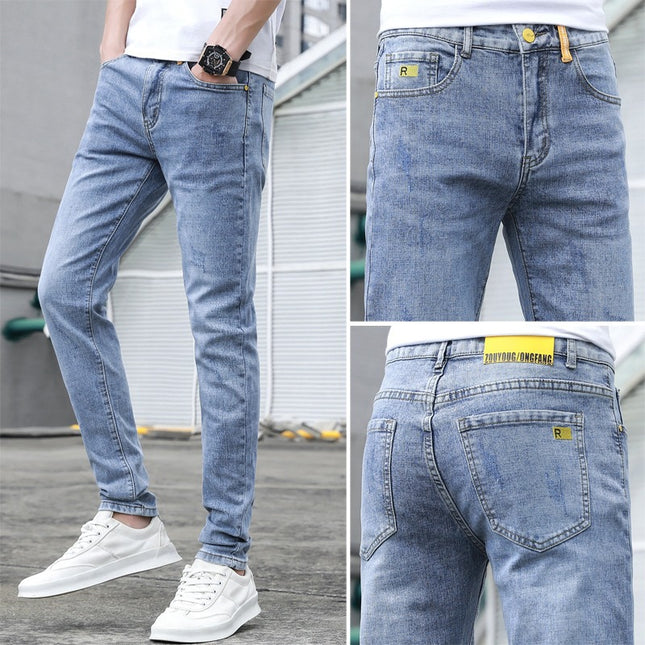 2025 Summer Light Blue Ripped Jeans Men's Slim Fit Korean Style Versatile Scratched Stretch Long Pants