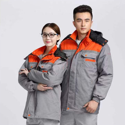 Winter Thickened Jacket, Mid-Length Workwear with Patchwork Shoulders, Cotton-Padded Jacket for Auto Repair, Construction Site, Factory, Cold Storage, and Warmth