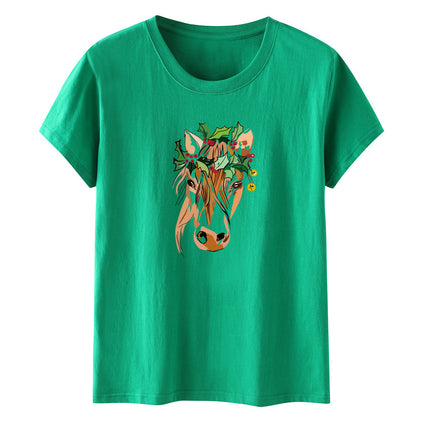 Amazon a generation of hair with green flowers horse head printed loose European and American printed ladies casual T-shirt women's jacket