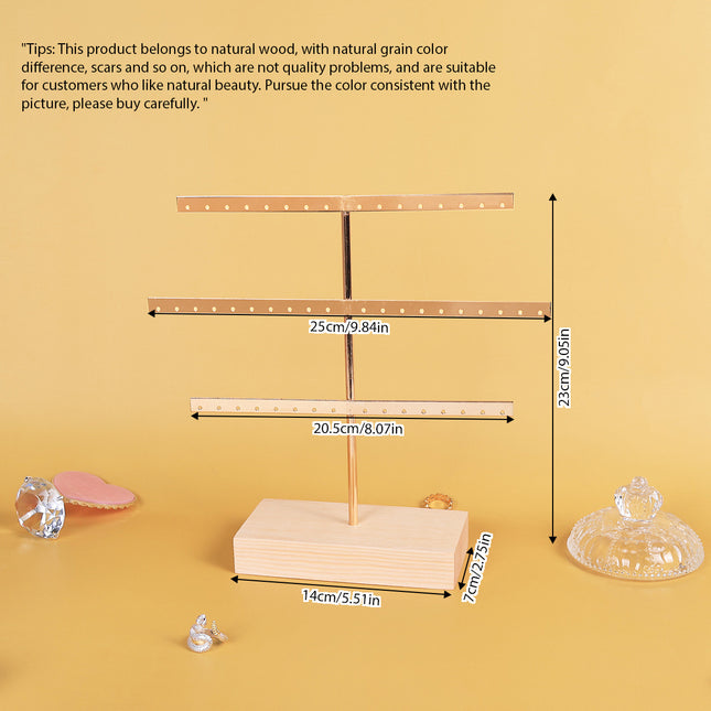 Solid Wood Iron Earrings Display Rack Golden Vertical Three-Layer 52 Hole Golden Earrings Storage Rack Earrings Display Rack