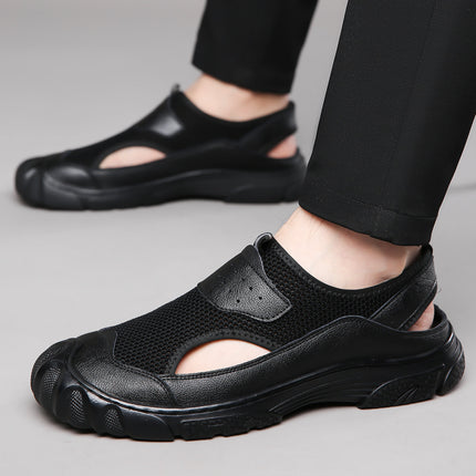 2023 Summer New Cowhide Mesh Hollow Shoes One Shoes Two Wear Cowhide Sandals One Pedal Men's Driving Shoes