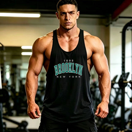 Summer Men's Vest Thin Strap Sports European and American Bodybuilding Fitness T-shirt Printed logo Waistle I-Shoulder Loose Men