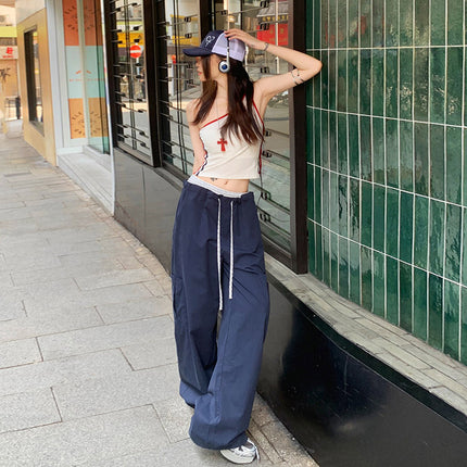 Korean Style Casual Style 2025 Spring and Summer New Plaid Stitching Double Waist Drawstring Pocket Loose Wide Leg Casual Pants for Women
