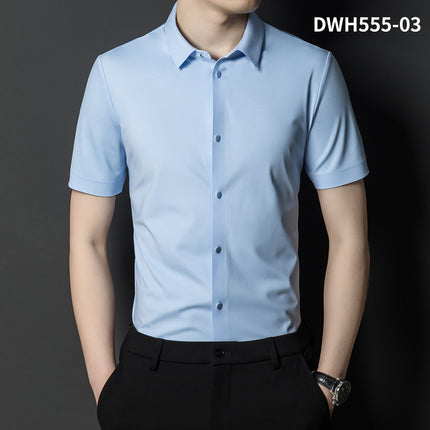 Summer New Vertical Striped Shirt for Men, Short-Sleeved Business Casual High-Elastic Seamless Shirt, Slim Fit Light Business