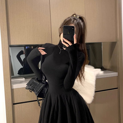 Pure Desire Hot Girl High Neck Versatile Long Sleeve Dress Women's Autumn and Winter New Waist Puff Skirt Slimming Bottoming Skirt Short Skirt