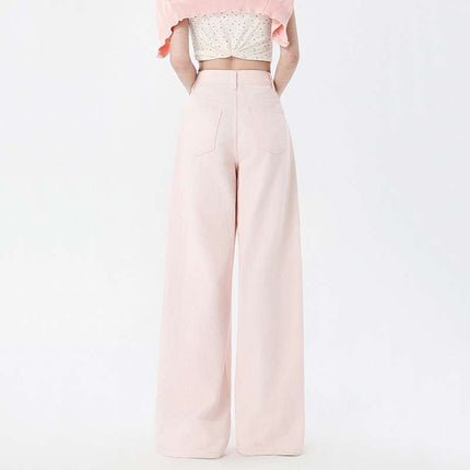 Wholesale Dropshipping Trendy Spring and Summer High-Waisted Loose Straight Wide-Leg Pants with Playful Pink Floor-Length Design