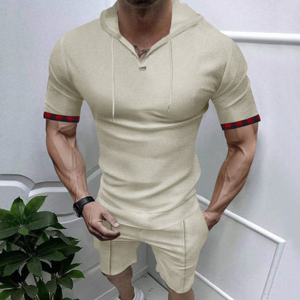 Europe and the United States cross-border summer fast selling Amazon hooded waffle T-shirt men's sports casual short sleeve shorts suit