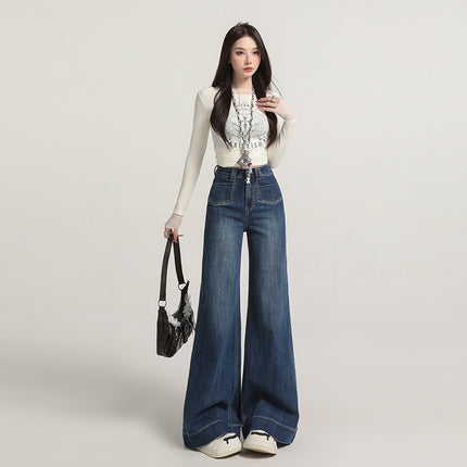 Early Autumn New Stylish Versatile Wide-Leg Jeans for Women with Unique Design Pockets, High Waist, Tummy Control, Slimming Flare Pants