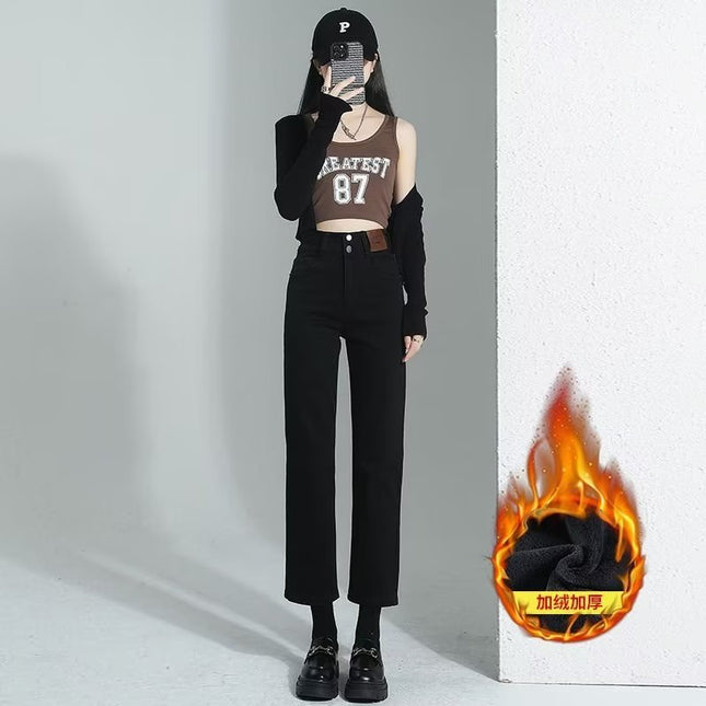 Fleece-lined jeans for women autumn and winter New slim fit slimming pipe pants high waist slimming thickened small cropped pants for women