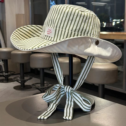 Korean Style Striped Fisherman Hat for Women, Summer Wide-Brim Sun Protection Webbing Fashion Sun Hat for Outdoor Hiking Camping Mountaineering