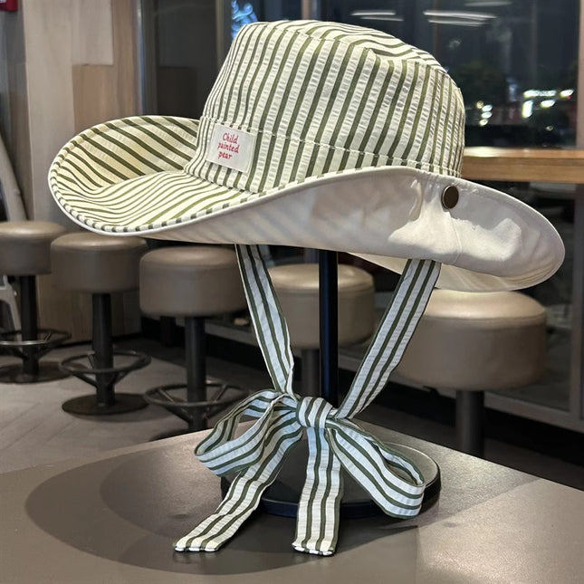 Korean Style Striped Fisherman Hat for Women, Summer Wide-Brim Sun Protection Webbing Fashion Sun Hat for Outdoor Hiking Camping Mountaineering