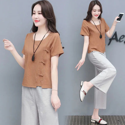 2022 Imitation Cotton and Linen Set Women's New Summer Artistic Retro Casual Fashion Western Style Linen Wide Leg Pants Set Trendy