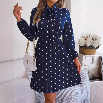Real Shot of 2026 Spring/Summer European and American Style Polka Dot Tie-Waist Long-Sleeve Pleated Dress Amazon Cross-Border Women's Fashion