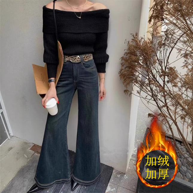 Fleece-Lined, Thickened, Warm, High-Waisted, Slightly Flared Jeans for Women, 2025 Winter, Vintage, Slimming, Drapey, Flared Floor-Length Pants
