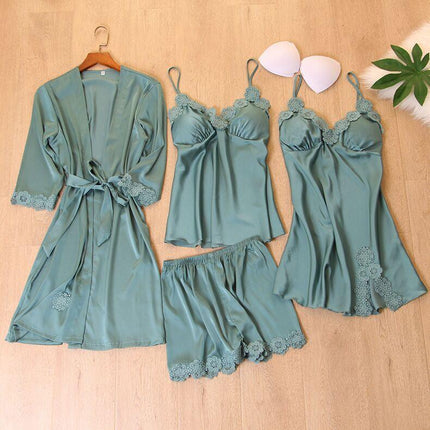 Wholesale New European and American Nightgown Black Home Clothes Four-Piece Set Fashionable and Comfortable Lace Pajamas Set Manufacturer