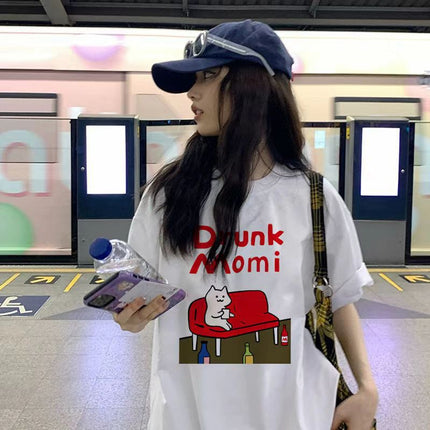 Cat Print Short-Sleeved Women's Hong Kong Style T-Shirt Casual Loose Fashion Ice Silk Cool Lazy Style Top Casual and Versatile