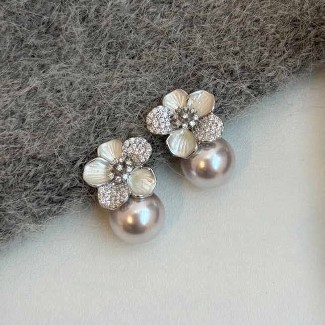 Light Luxury Elegant Flower Pearl Earrings Women's Niche Design High-End Zircon Earrings French Earrings Korean Style