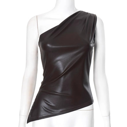 2024 autumn new fashion temperament slant shoulder irregular tight figure leather pleated vest T-shirt top