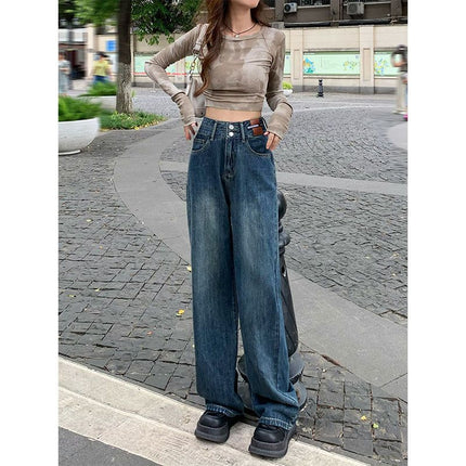 2025 Two-Button Drapey Floor-Length Pants Korean Style Petite Wide-Leg Pants High-Waisted Jeans Retro Vintage Women's