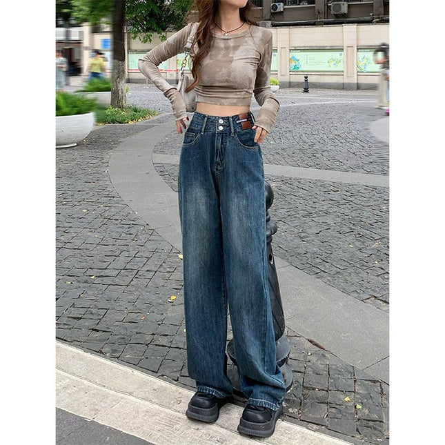 2025 Two-Button Drapey Floor-Length Pants Korean Style Petite Wide-Leg Pants High-Waisted Jeans Retro Vintage Women's