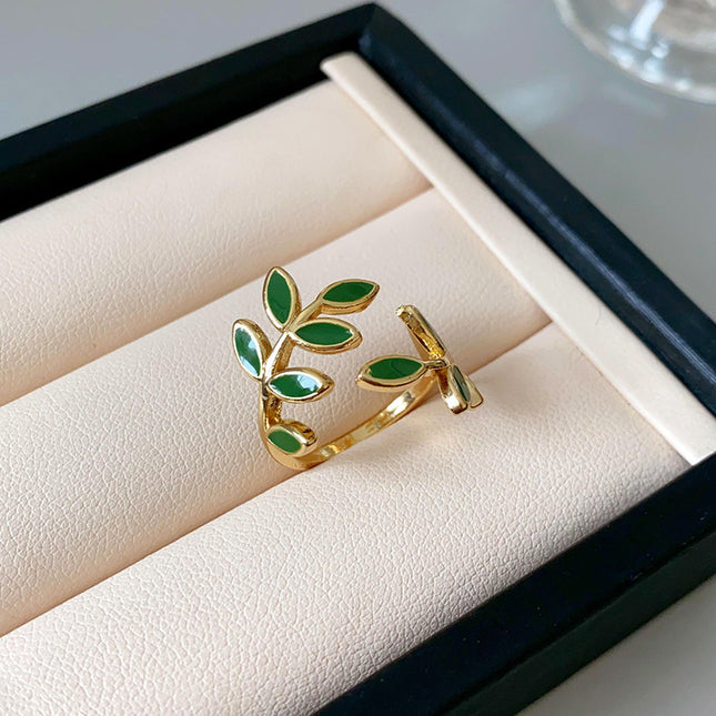 Pure Copper Oil Drop Fashion Niche Geometric Leaf Pattern Ring Adjustable Size Ring for Women Factory Direct Sale Wholesale