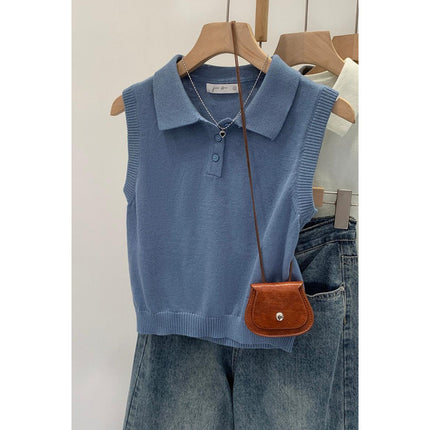 Unique and Exquisite Design Sleeveless Wool Knit Sweater for Women, New Summer 2025 Style with a Stylish Turn-Down Collar