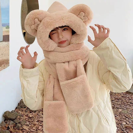 Winter Warm Plush Bear Hat, Scarf, Gloves, Hat, One-Piece Fleece-Lined and Thickeneded Three-Piece Set, Cute and Versatile Scarf