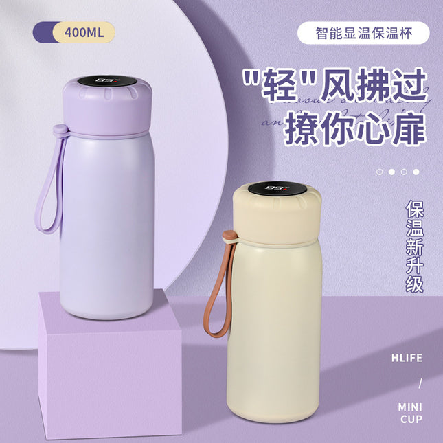 Intelligent temperature display thermos cup 316 stainless steel thermos cup solid color simple flower tea cup women's portable carrying rope accompanying cup