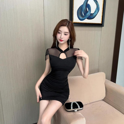 Real Pat 8801 Nightclub Sexy dress Foot Bath Technician Work Clothes New Chinese Cheongsam Tight Pleated Hip Skirt