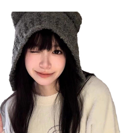 Cute Bear Ear Knitted Hat for Women, Autumn and Winter, Makes the Face Look Smaller, Versatile, Warm Woolen Hat, Cold-Proof Plush Ear Protection Hat