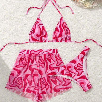 European and American New Bikini Three-piece Swimwear Women's Sexy Printed Strap Swimwear Cross-border Hot-selling Holiday Swimwear for Women