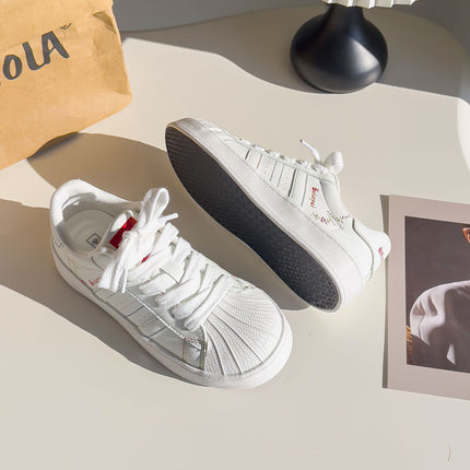 Bell Colorful Shell-Toe White Sneakers, Fashionable and Versatile Casual Women's Shoes, 2026 New Spring Leather Panel Shoes