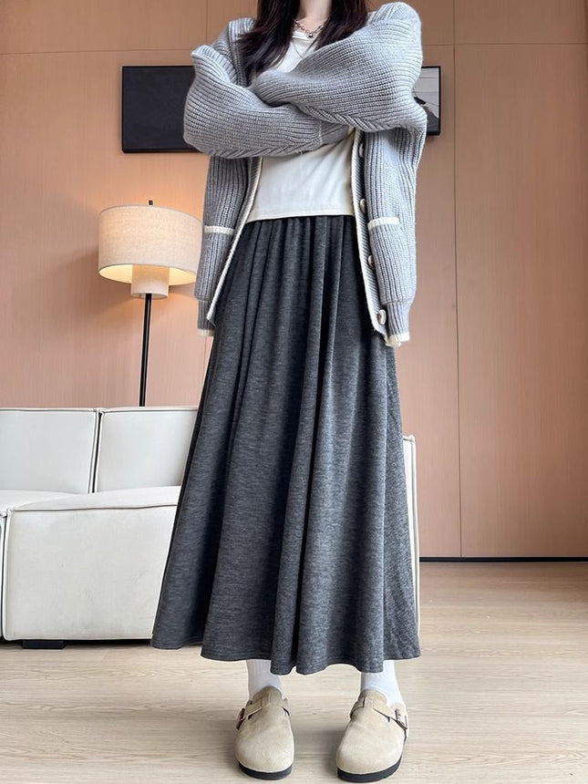 Grey Glutinous Rice Skirt Women's 2024 New High Waist Large Swing Skirt A- line Slimming Long Skirt Autumn and Winter Skirt