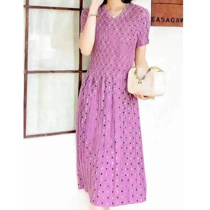 Miyake pleated 2025 summer new temperament round neck printed pleated skirt fashion waist thin magic dress