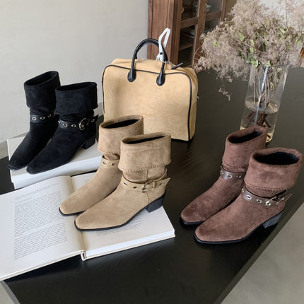 Knight Boots Women's 2025 Autumn and Winter New Retro Suede Northwest Wind Cowboy Boots Square Toe Thick Heel Medium Heel Travel Short Boots