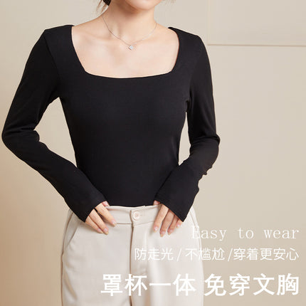 Women's Autumn and Winter Warm Tops with Built-In Bra Pads, Sexy Square Neck, Double-Sided Brushed Bra Integrated Base Layer Shirt