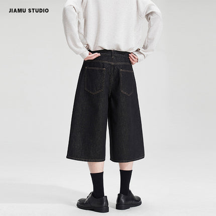 Jimau American Retro Cleanfit Denim Two-Color Cropped Jeans Unisex Loose Straight Versatile Shorts
