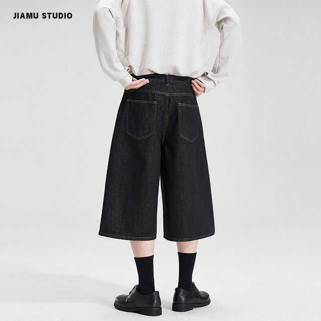 Jimau American Retro Cleanfit Denim Two-Color Cropped Jeans Unisex Loose Straight Versatile Shorts
