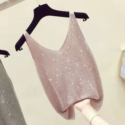 2026 Student Women's Clothing Ice Silk Rhinestone-Embellished Camisole Summer Loose Short T-Shirt Sleeveless Versatile V-Neck Base Shirt