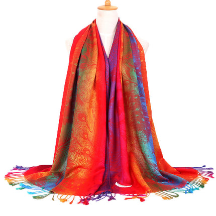 Ethnic Style Women's Vintage Jacquard Scarf Jacquard Cotton Feather Travel Spring and Autumn Long Shawl Warm Air Conditioning D01
