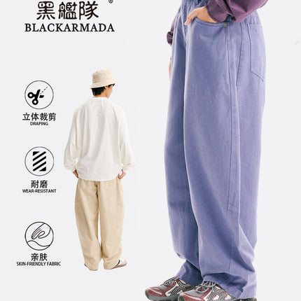 Black Fleet American Retro Small Curved Knife-Style Washed Casual Pants Unisex Loose Straight-Leg Long Pants Workwear