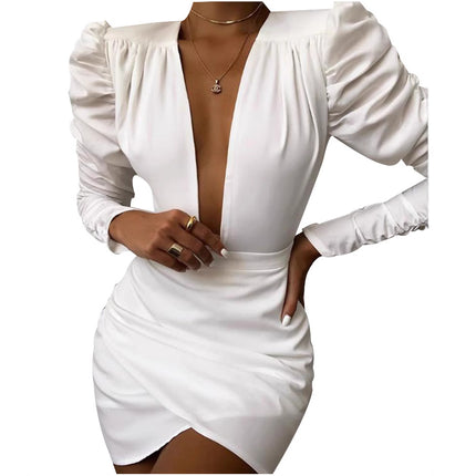 European and American Cross-Border New Autumn and Winter Pure Color Long-Sleeved Deep V Neck Slim Hip-Hugging Dress for Women