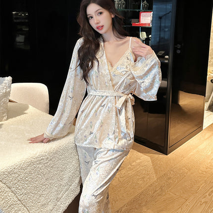 New Style Gold Velvet Nightgown with Chest Pad Sling Trousers Three-Piece Set Women's Pajamas Sweet Sexy Lace Home Clothes