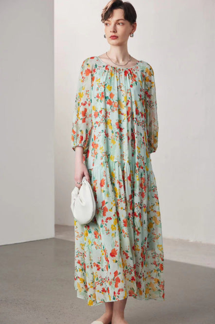 Short-Sleeved Silk Dress for Women 2026 Spring and Summer New Two-Piece Set Slightly See-Through Printed Georgette 100% Mulberry Silk Long Dress