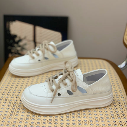 Genuine Leather Retro Sneakers for Women 2025 Spring & Fall New Niche High-Bottom Soft-Soled White Shoes Flats-Soled Sports and Casual Shoes