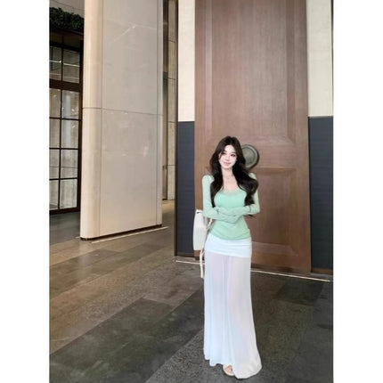 Pure Green Shoulder Long-sleeved T-shirt Women's Spring Thin Slim-fit Blouse Top Stacked with Sling Two-piece Set