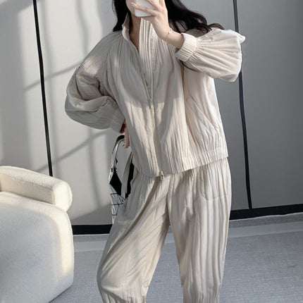Winter cotton-padded clothes cotton-padded jacket suit women's fashion upscale women's clothing Miyake high-end clothes casual wind wear a complete set