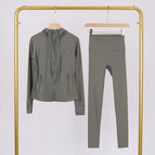 Sage green hooded stamped jacket and cropped pants suit